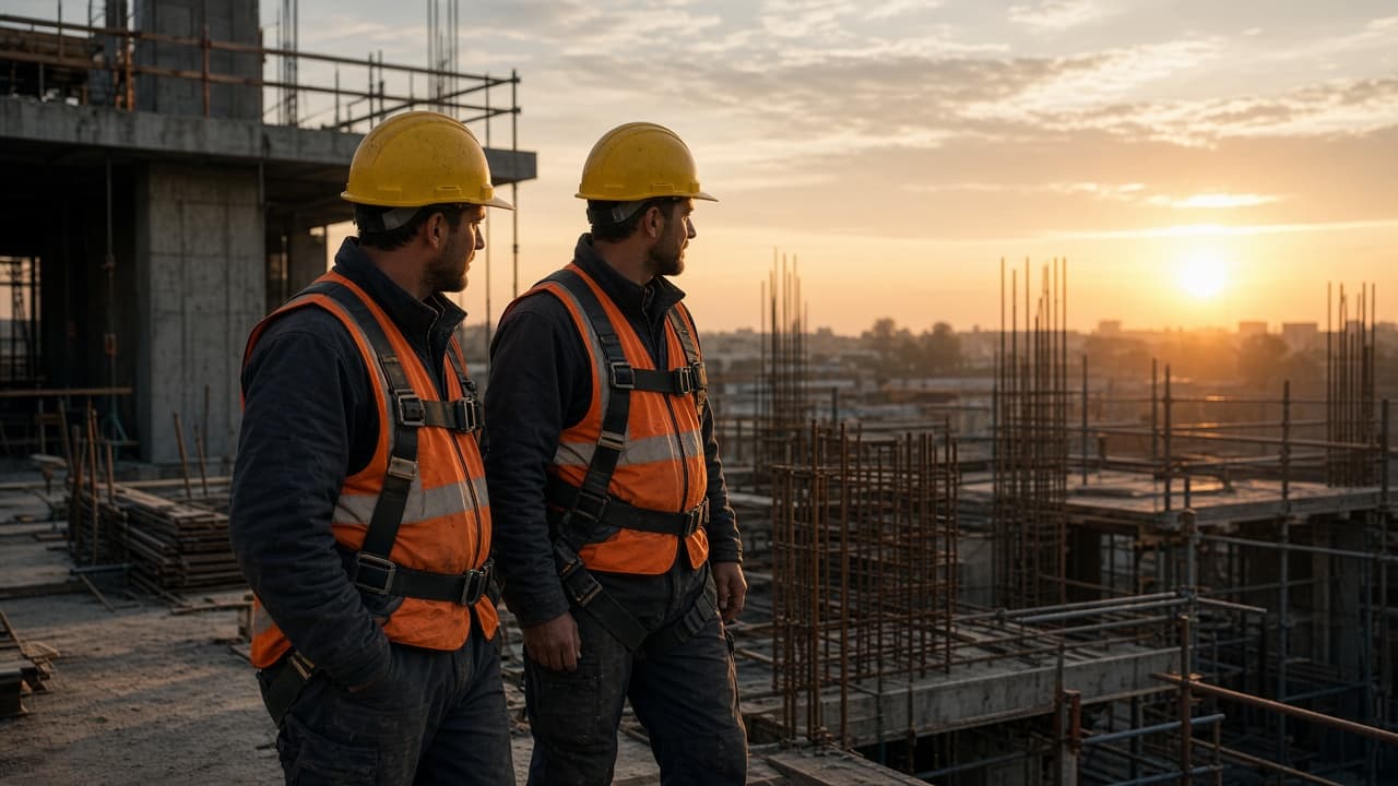 Construction workers in safety gear on site at sunrise
