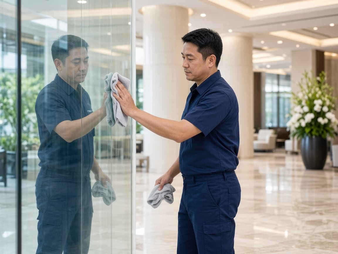 Facilities cleaner in uniform polishing glass in a modern lobby