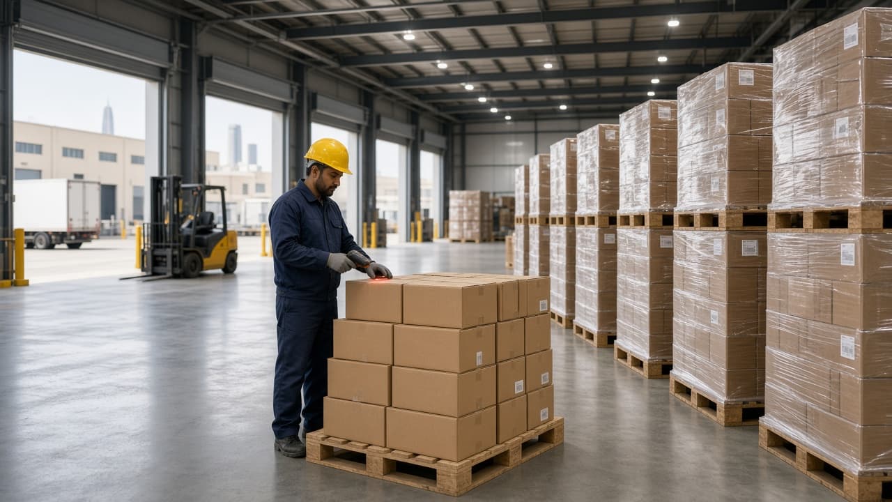 Distribution centre worker scanning packaged goods beside organized pallets