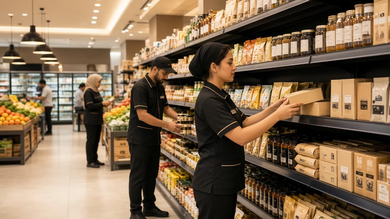 Retail staff stocking shelves in a bright supermarket